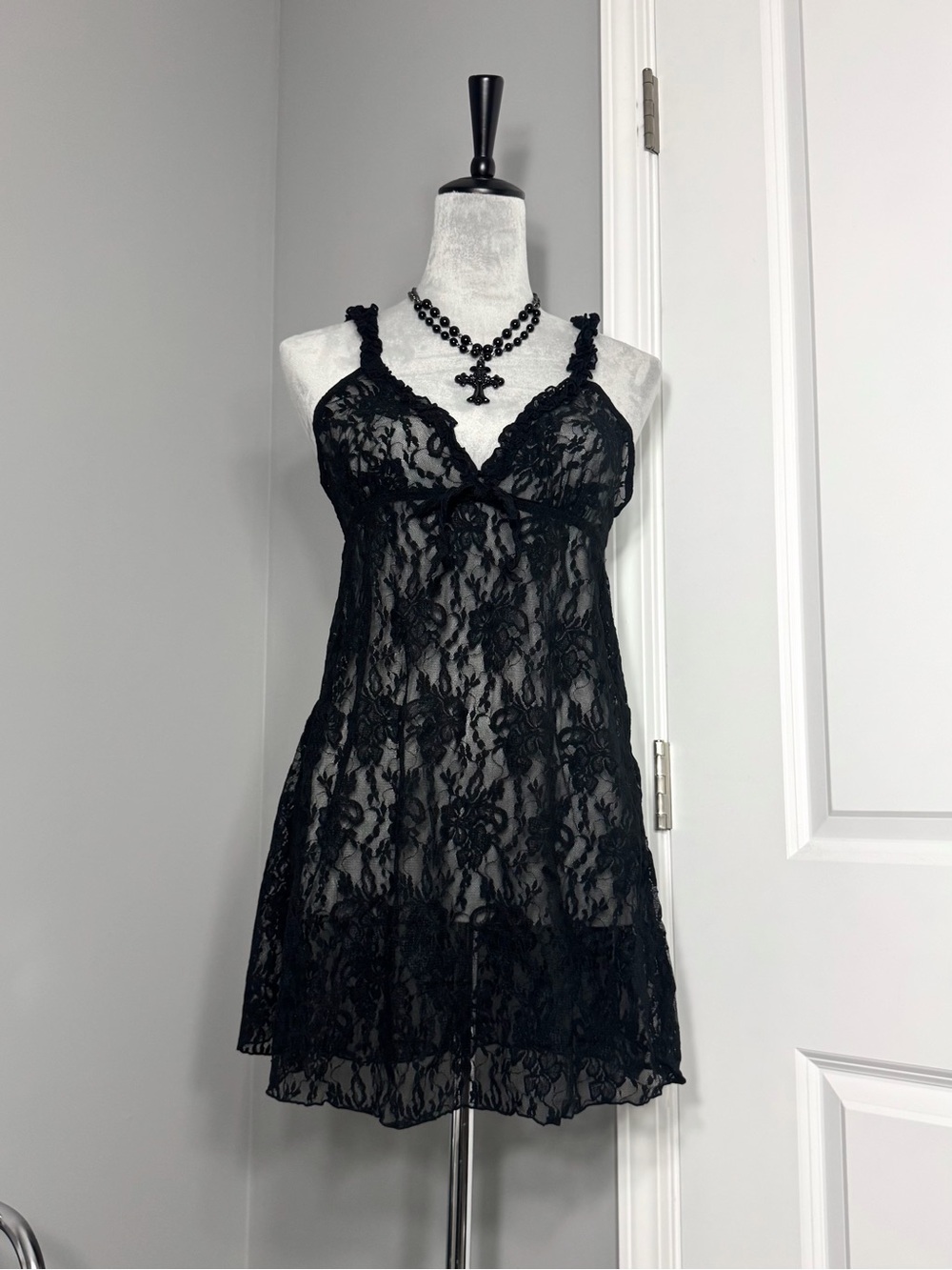 Y2K Smart & Sexy Black Floral Lace Babydoll Lingerie Dress